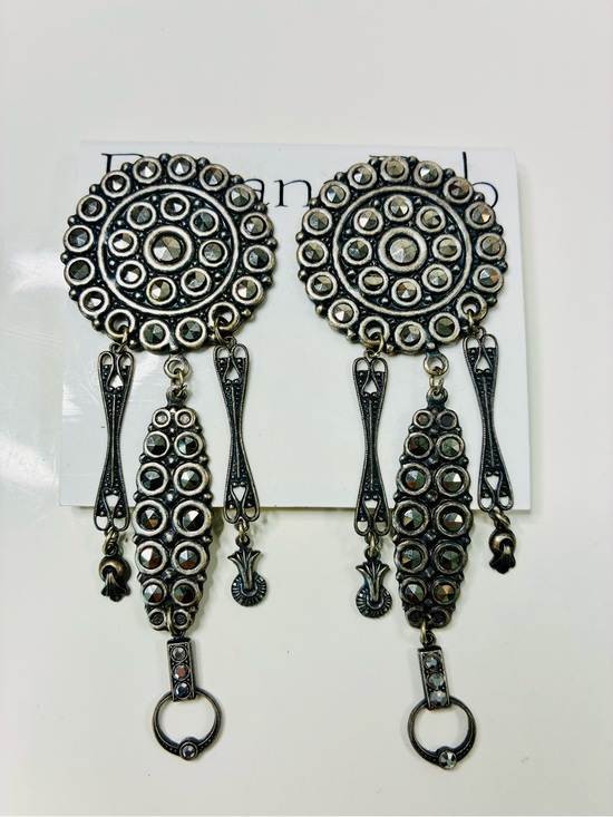 Banana Bob Jewelry - Antique Silver-Tone Art Deco Revival Dark Swarovski Dangle Clip Earrings 90s EUC